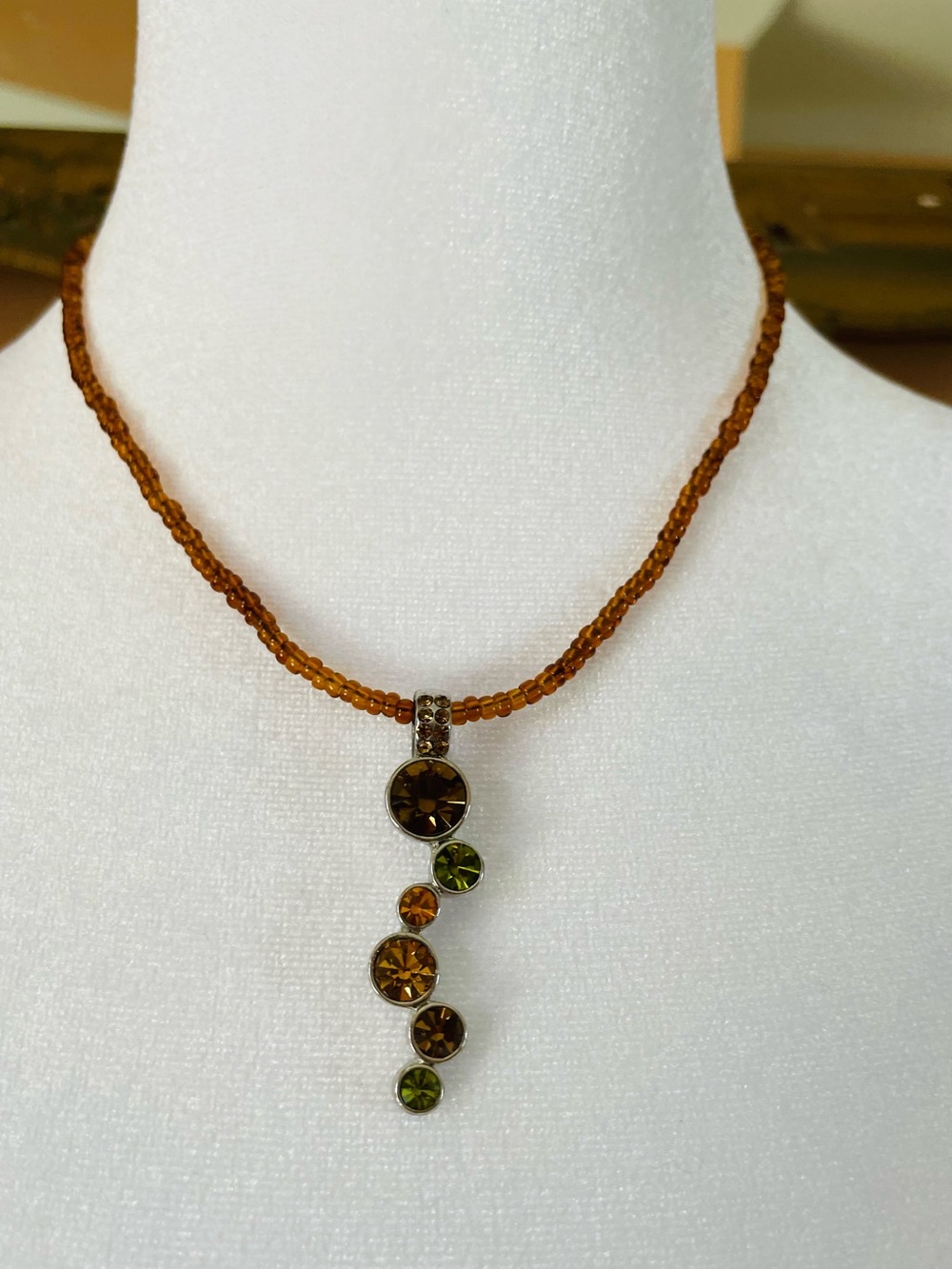 Amber and Olive Crystal Drop Pendant
Choker Necklace Tiny Beaded